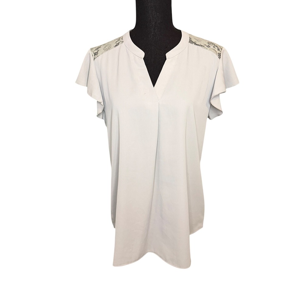 Gaharu Womens Flutter Sleeve Lace Back V-Neck Blouse Light Grey Medium
